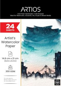 ARTIOS Artists' Watercolor Paper A5 300 GSM - 100% Cotton, Cold-Pressed, Acid-Free, Handmade Water Colour Papers for Watercolour, Acrylic, Gouache, Ink & Mixed Media, 24 Sheets